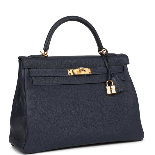 Pre-owned Hermes Kelly Retourne 32 Bleu Nuit Togo Gold Hardware