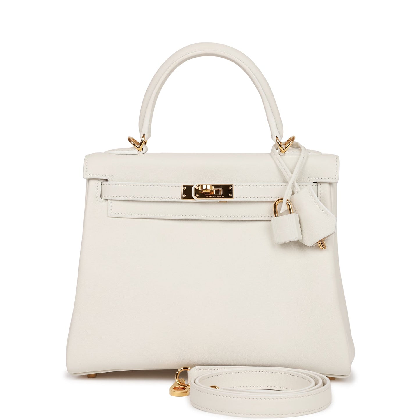 Pre-owned Hermes Kelly Retourne 25 White Swift Gold Hardware