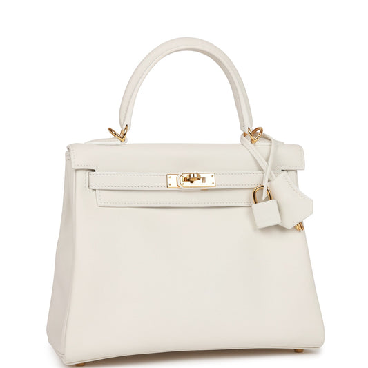 Pre-owned Hermes Kelly Retourne 25 White Swift Gold Hardware