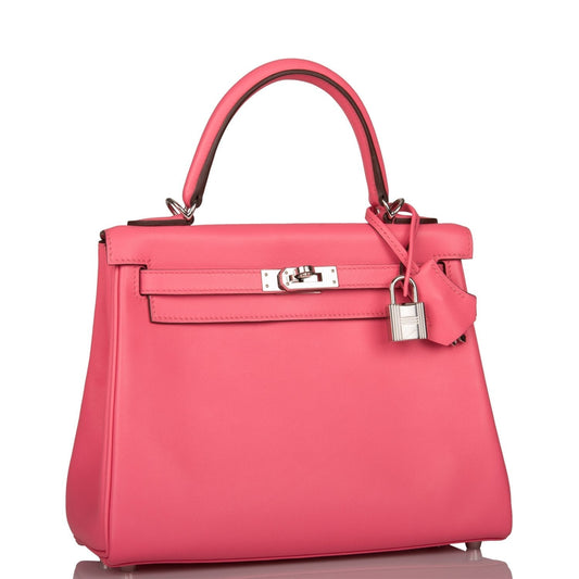 Pre-owned Hermes Kelly Retourne 25 Rose Azalee Swift Palladium Hardware