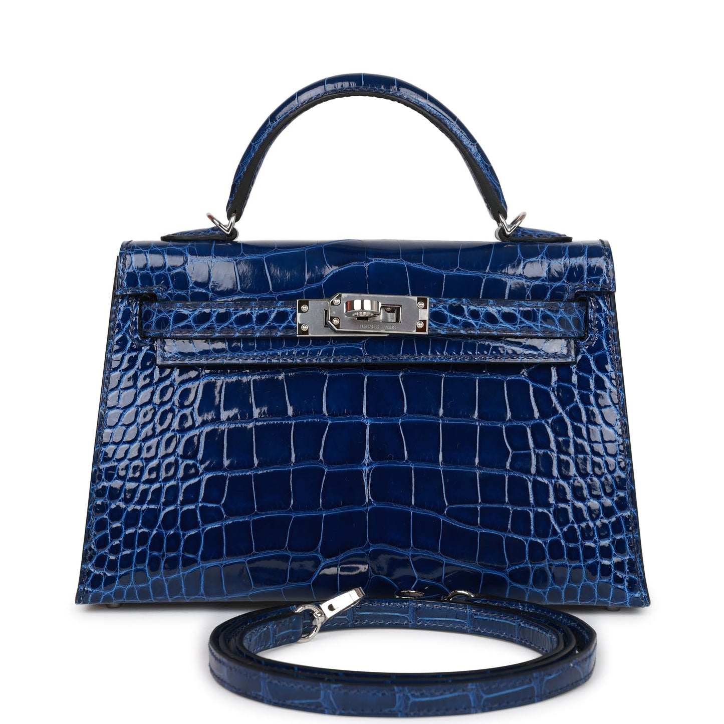 Pre-owned Hermes Kelly Sellier 20 Bleu Saphir Shiny Alligator Palladium Hardware