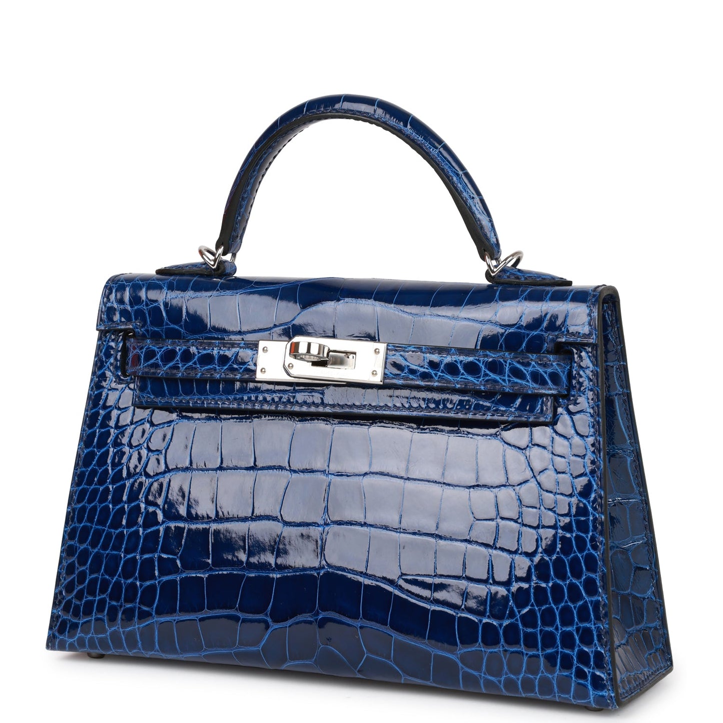 Pre-owned Hermes Kelly Sellier 20 Bleu Saphir Shiny Alligator Palladium Hardware