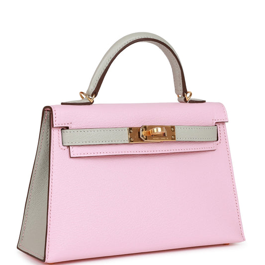 Hermes Special Order (HSS) Kelly Sellier 20 Rose Sakura and Gris Perle Chevre Gold Hardware