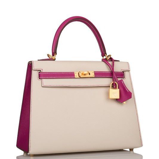 Hermes Special Order (HSS) Kelly Sellier 25 Rose Pourpre and Craie Epsom Brushed Gold Hardware