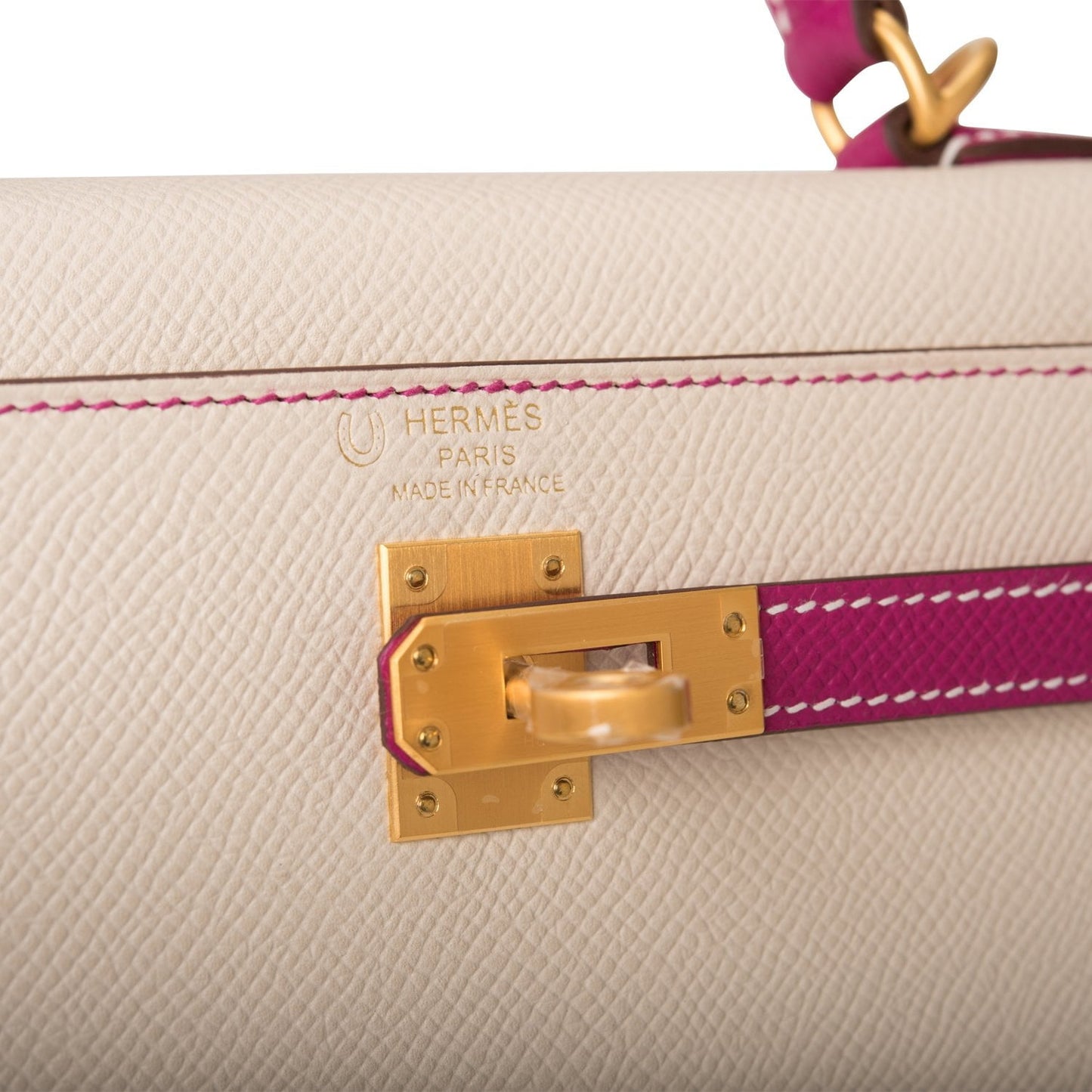 Hermes Special Order (HSS) Kelly Sellier 25 Rose Pourpre and Craie Epsom Brushed Gold Hardware