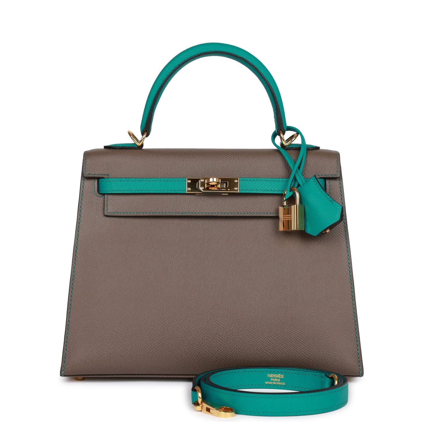 Hermes Special Order (HSS) Kelly Sellier 25 Etain and Bleu Paon Epsom Gold Hardware