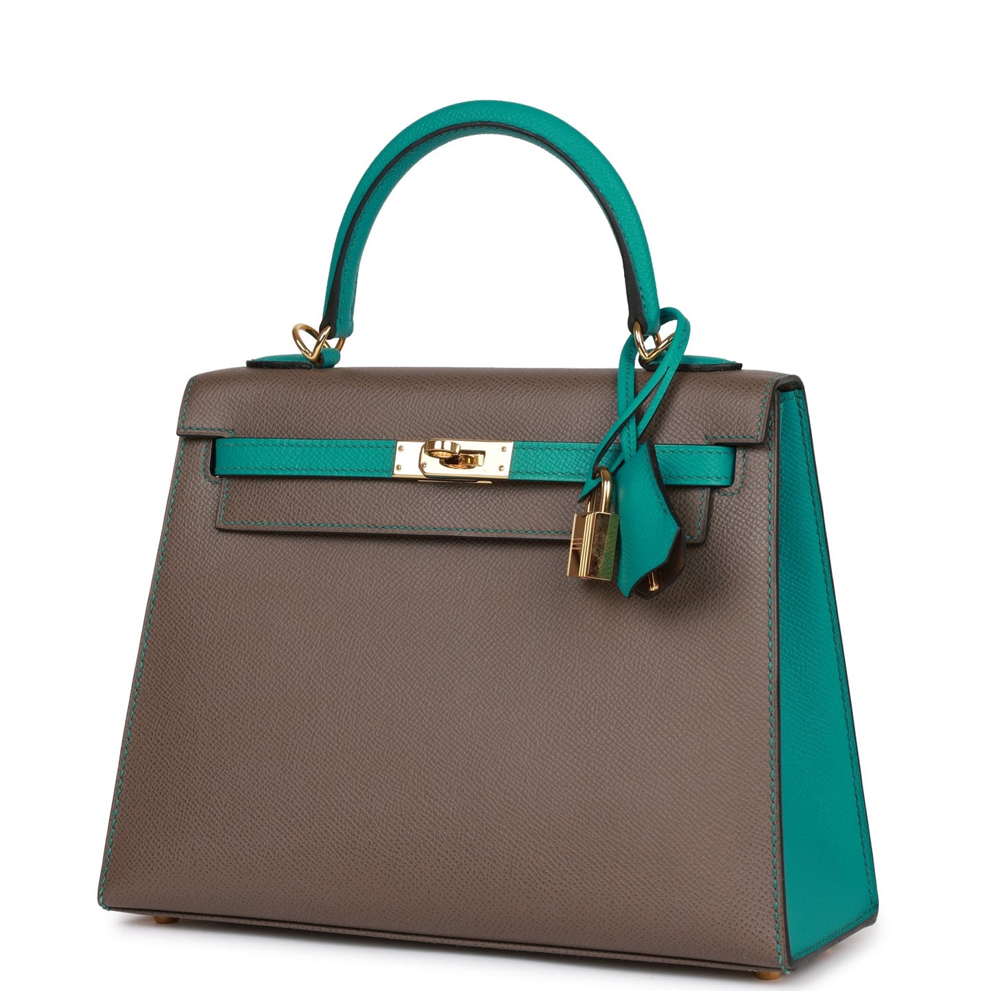 Hermes Special Order (HSS) Kelly Sellier 25 Etain and Bleu Paon Epsom Gold Hardware