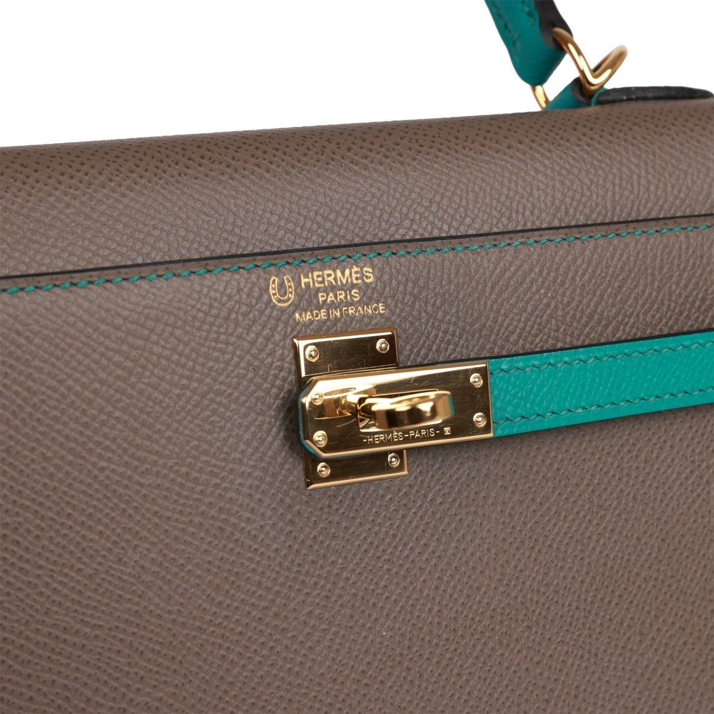 Hermes Special Order (HSS) Kelly Sellier 25 Etain and Bleu Paon Epsom Gold Hardware