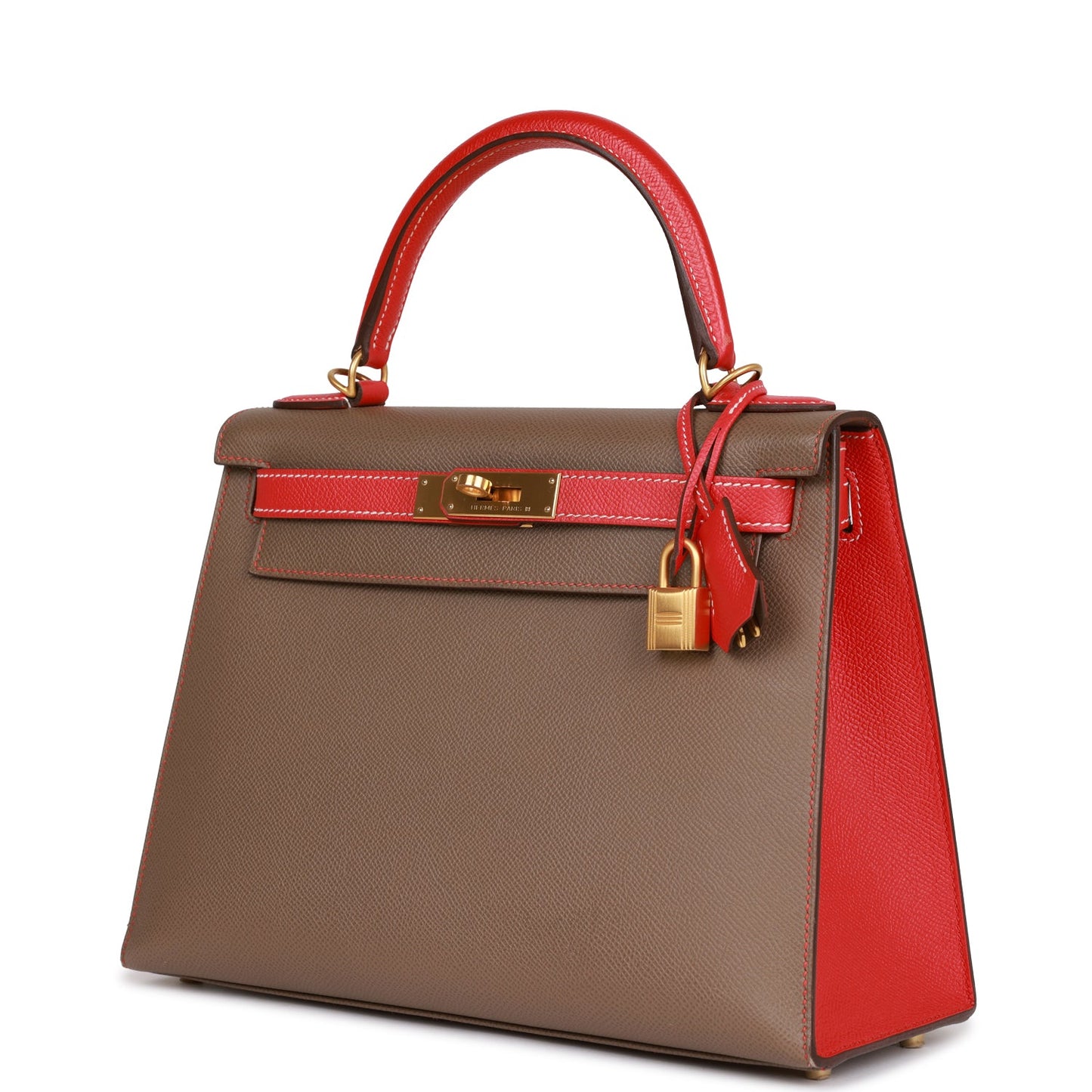 Pre-owned Hermes Special Order (HSS) Kelly Sellier 28 Etoupe and Rouge Tomate Epsom Brushed Gold Hardware