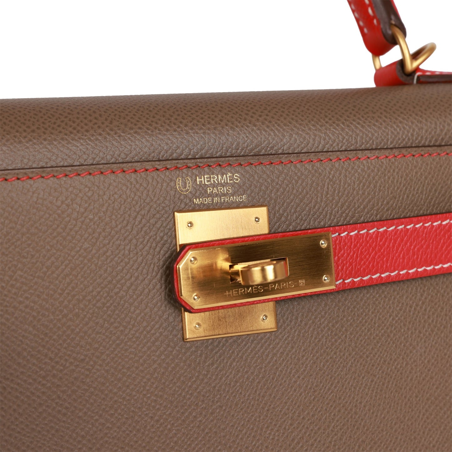 Pre-owned Hermes Special Order (HSS) Kelly Sellier 28 Etoupe and Rouge Tomate Epsom Brushed Gold Hardware