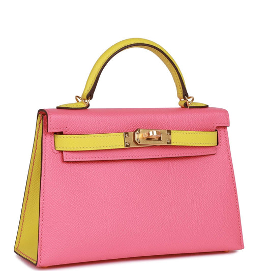 Hermes Special Order (HSS) Kelly Sellier 20 Rose Azalee and Lime Epsom Gold Hardware