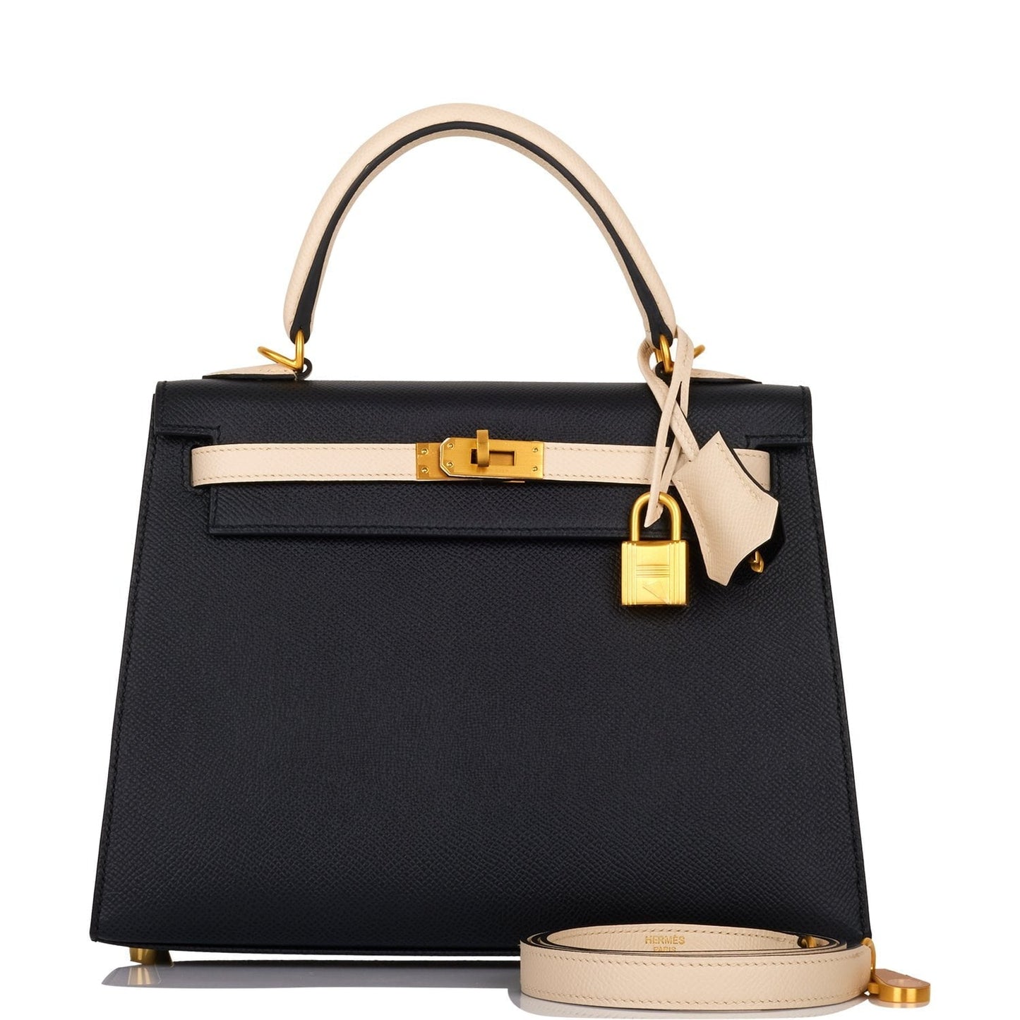 Hermes Special Order (HSS) Kelly Sellier 25 Black and Craie Epsom Brushed Gold Hardware