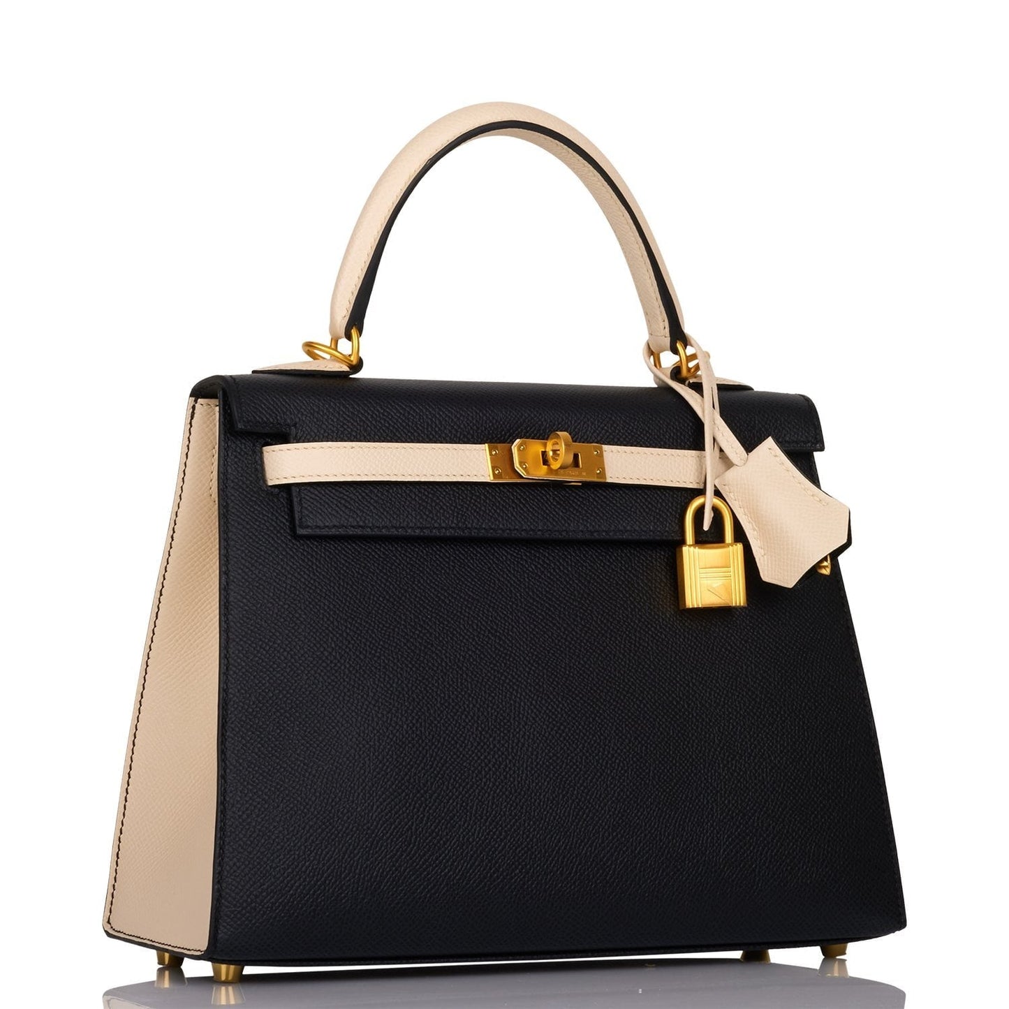 Hermes Special Order (HSS) Kelly Sellier 25 Black and Craie Epsom Brushed Gold Hardware