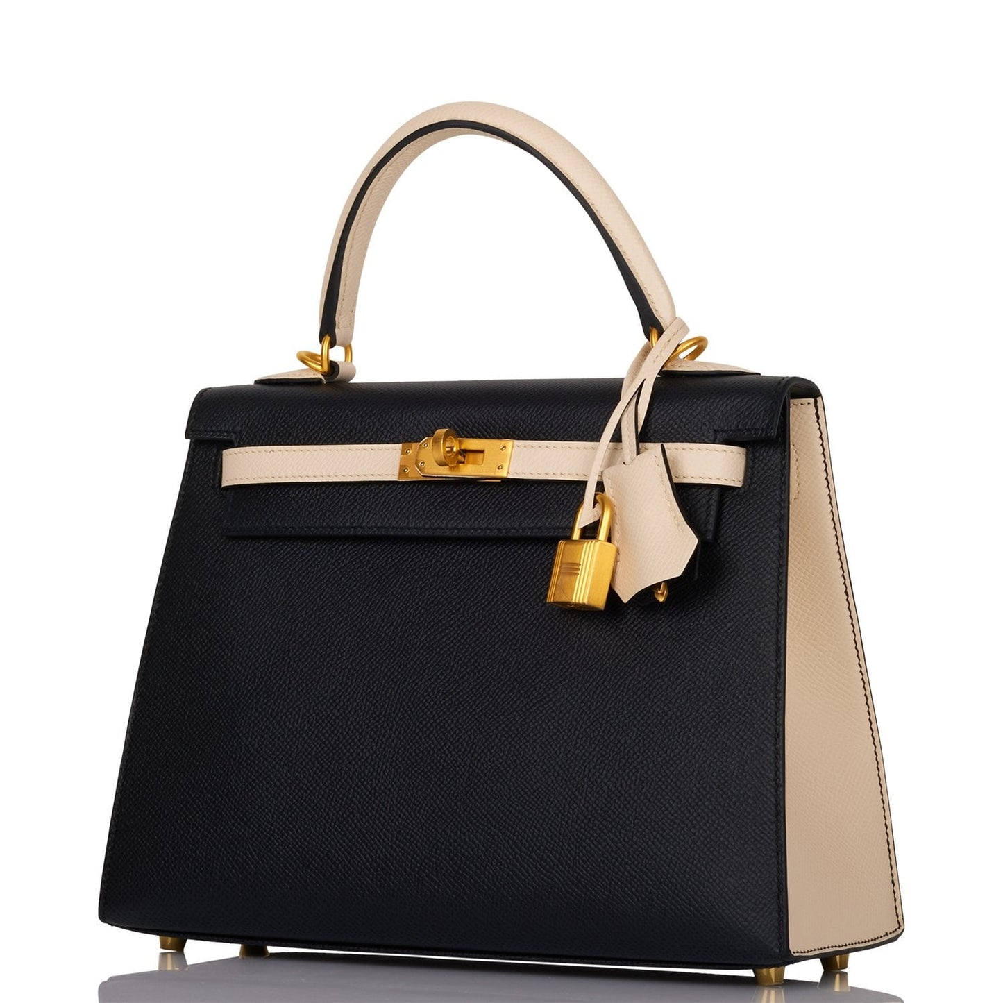 Hermes Special Order (HSS) Kelly Sellier 25 Black and Craie Epsom Brushed Gold Hardware