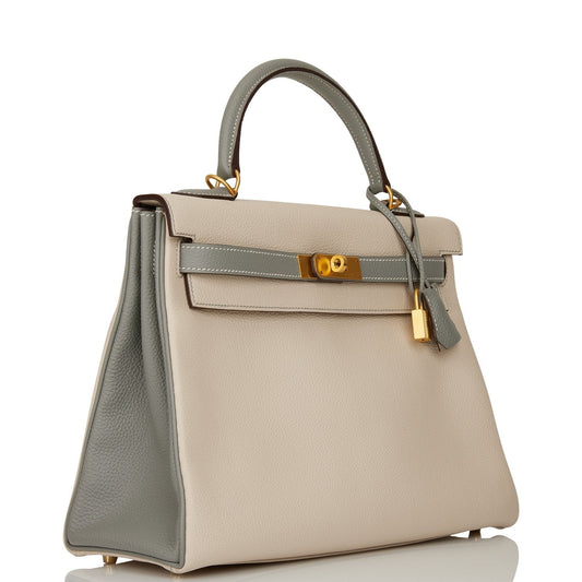 Pre-owned Hermes Special Order (HSS) Kelly Retourne 32 Craie and Gris Mouette Togo Brushed Gold Hardware