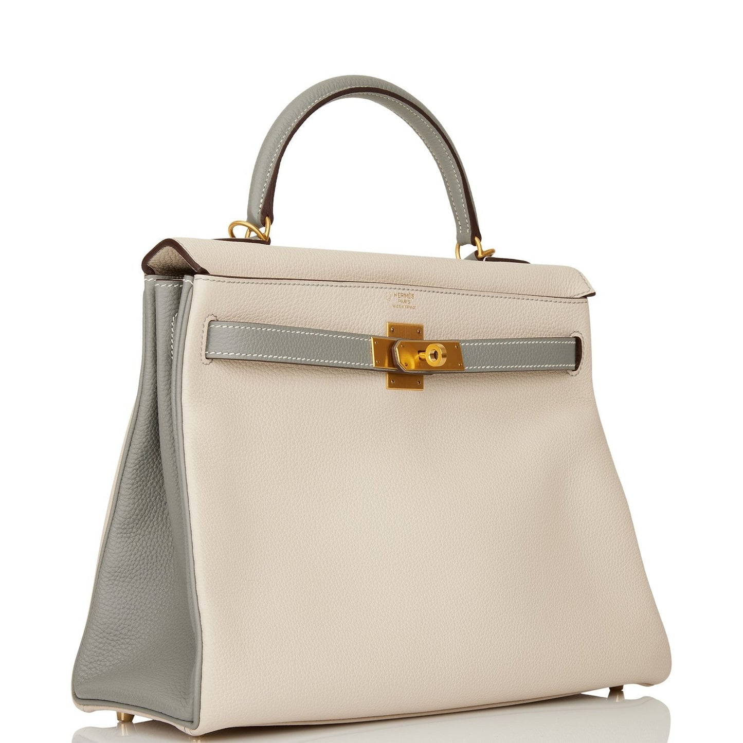 Pre-owned Hermes Special Order (HSS) Kelly Retourne 32 Craie and Gris Mouette Togo Brushed Gold Hardware