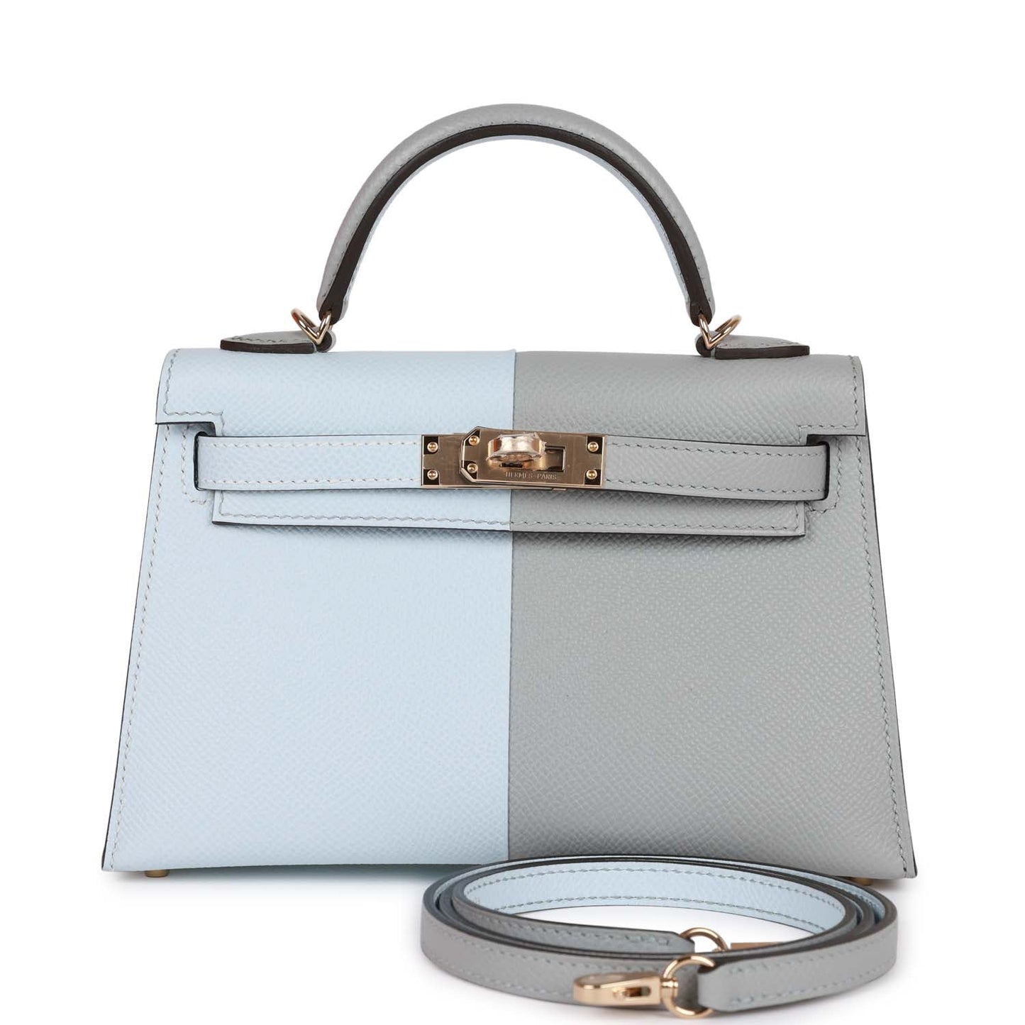 Hermes Special Order (HSS) Kelly Sellier 20 Casaque Bleu Brume and Gris Meyer Epsom Permabrass Hardware