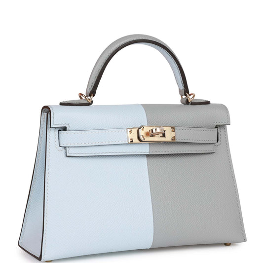 Hermes Special Order (HSS) Kelly Sellier 20 Casaque Bleu Brume and Gris Meyer Epsom Permabrass Hardware