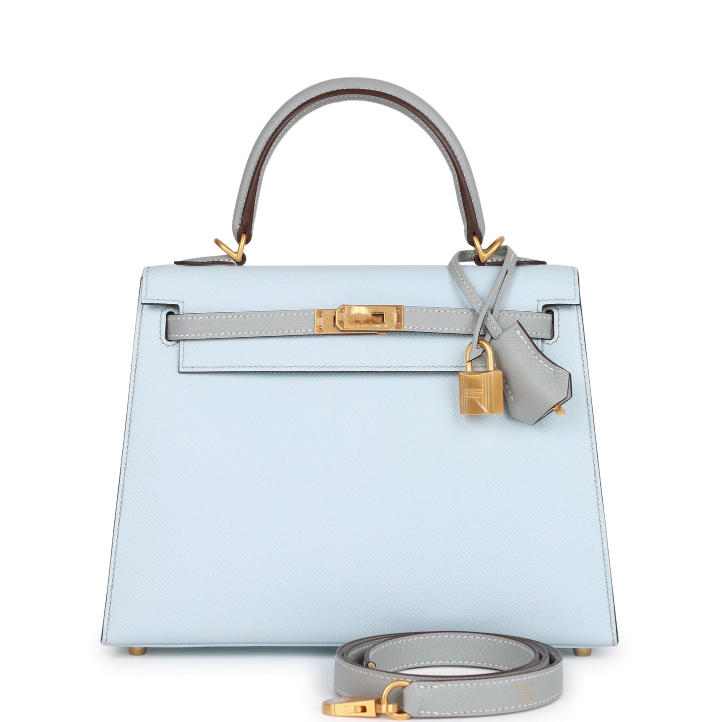 Hermes Special Order (HSS) Kelly Sellier 25 Bleu Brume and Bleu Glacier Epsom Brushed Gold Hardware - Remaining Payment 2