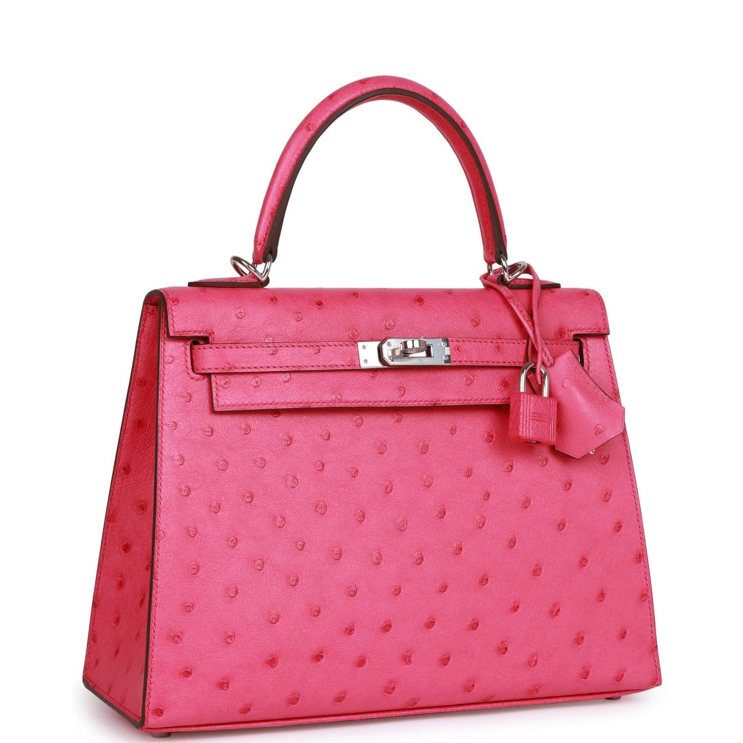 Hermes Special Order (HSS) Kelly Sellier 25 Rose Tyrien Verso Ostrich Palladium Hardware