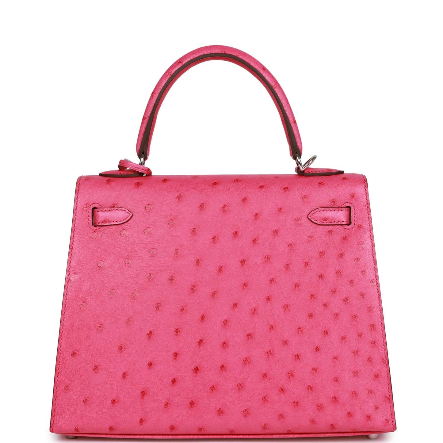 Hermes Special Order (HSS) Kelly Sellier 25 Rose Tyrien Verso Ostrich Palladium Hardware