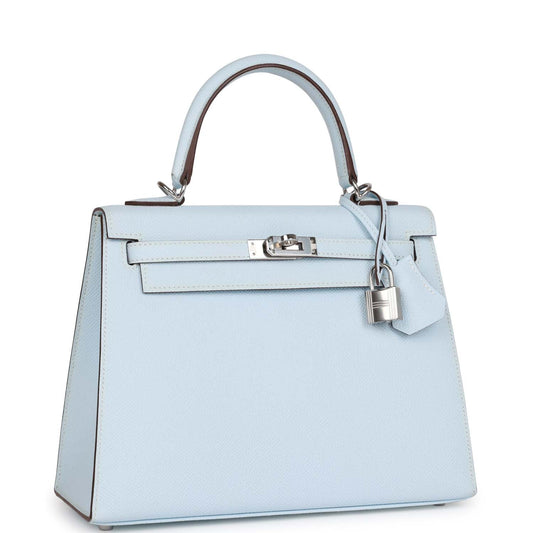 Pre-owned Hermes Kelly Sellier 25 Bleu Brume Epsom Palladium Hardware