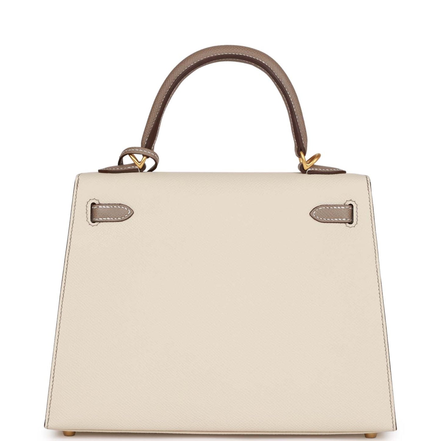 Hermes Special Order (HSS) Kelly Sellier 25 Craie and Gris Asphalte Epsom Brushed Gold Hardware