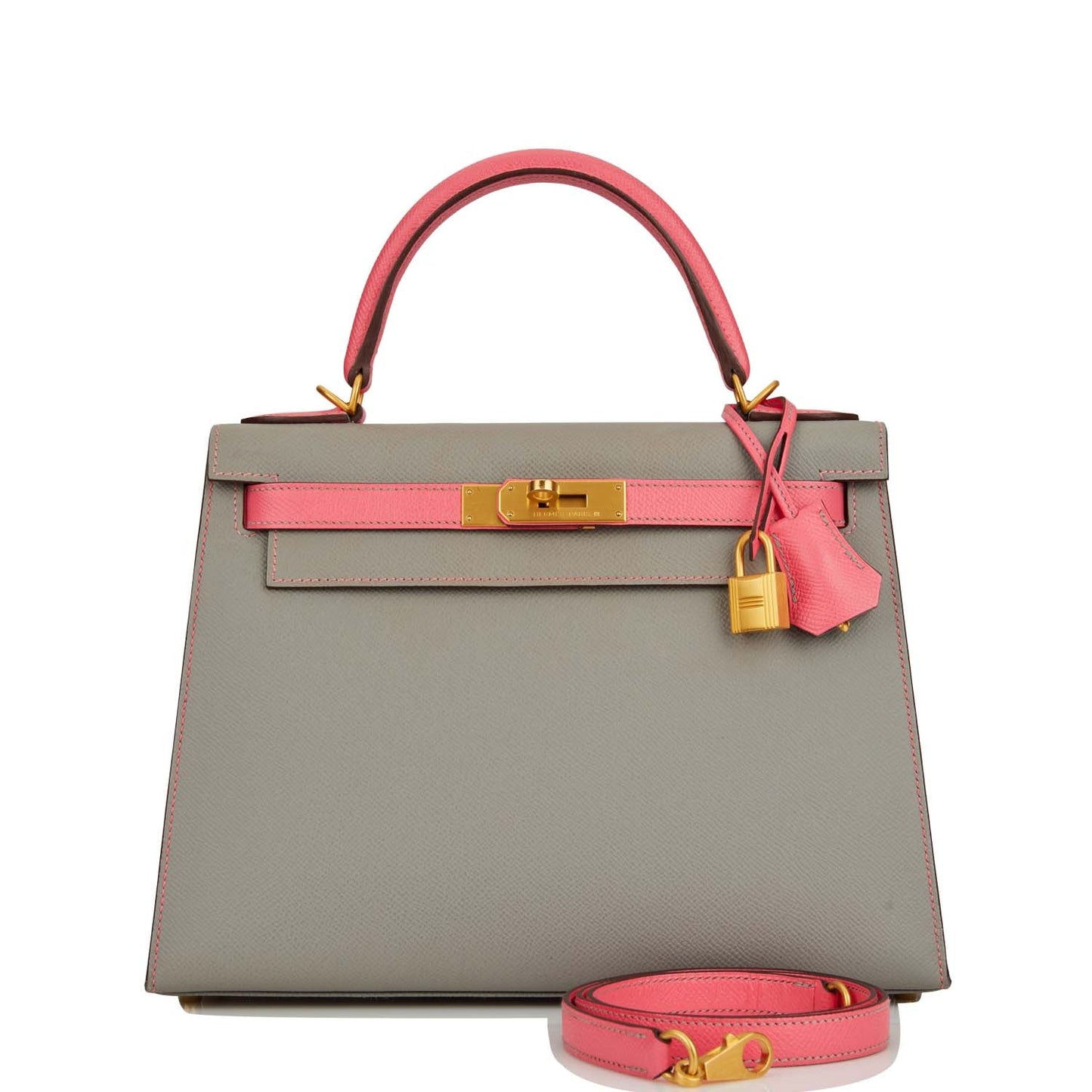 Pre-owned Hermes Special Order (HSS) Kelly Sellier 28 Gris Mouette and Rose Azalee Epsom Brushed Gold Hardware