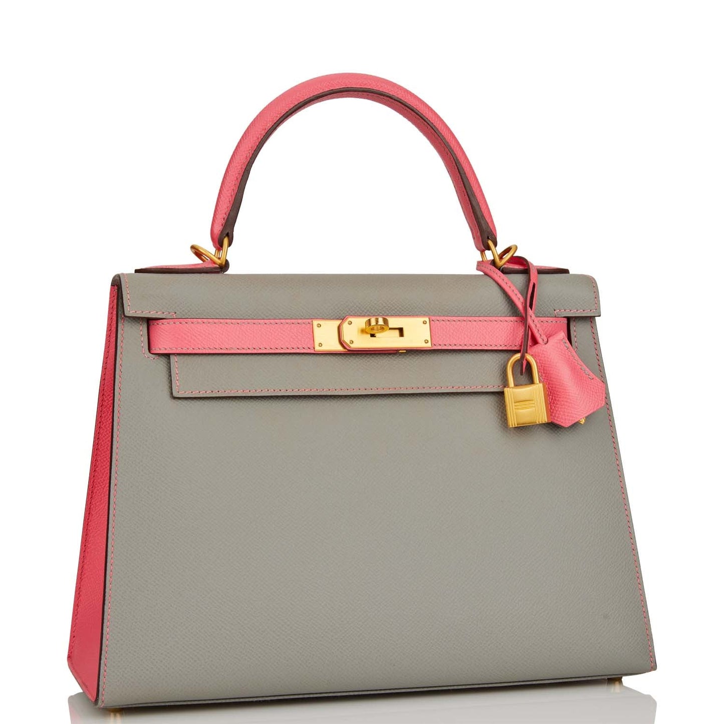 Pre-owned Hermes Special Order (HSS) Kelly Sellier 28 Gris Mouette and Rose Azalee Epsom Brushed Gold Hardware