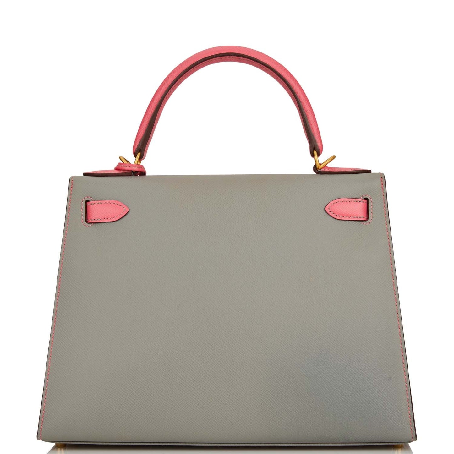 Pre-owned Hermes Special Order (HSS) Kelly Sellier 28 Gris Mouette and Rose Azalee Epsom Brushed Gold Hardware