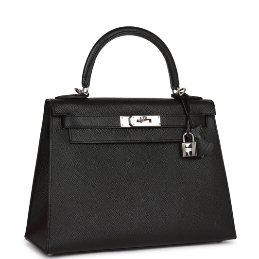 Pre-owned Hermes Kelly Sellier 28 Black Epsom Palladium Hardware