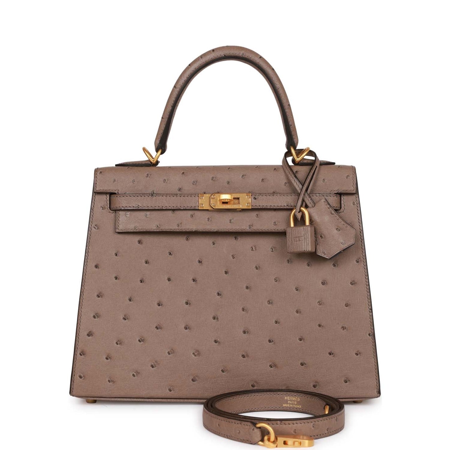 Hermes Special Order (HSS) Kelly Sellier 25 Gris Asphalt Verso Ostrich Brushed Gold Hardware