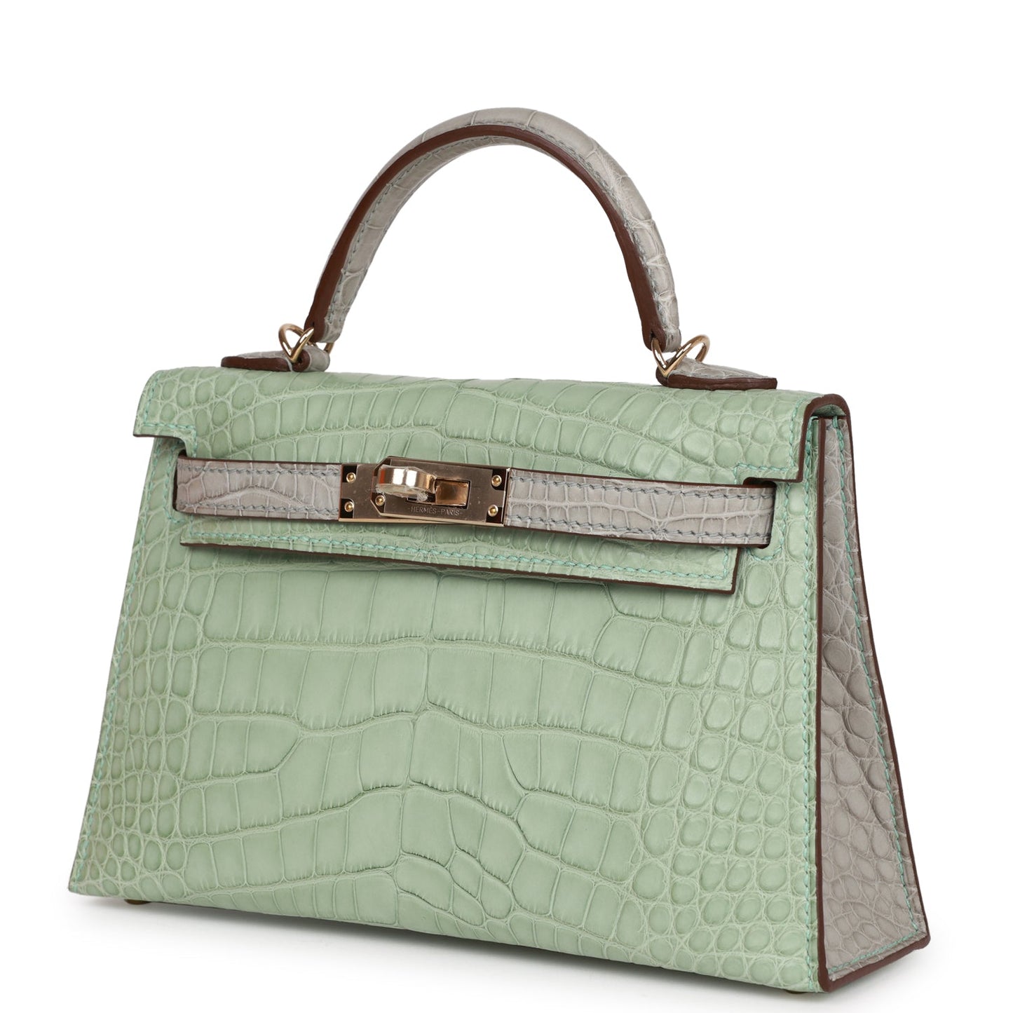 Hermes Special Order (HSS) Kelly Sellier 20 Vert D'eau and Gris Perle Matte Alligator Permabrass Hardware