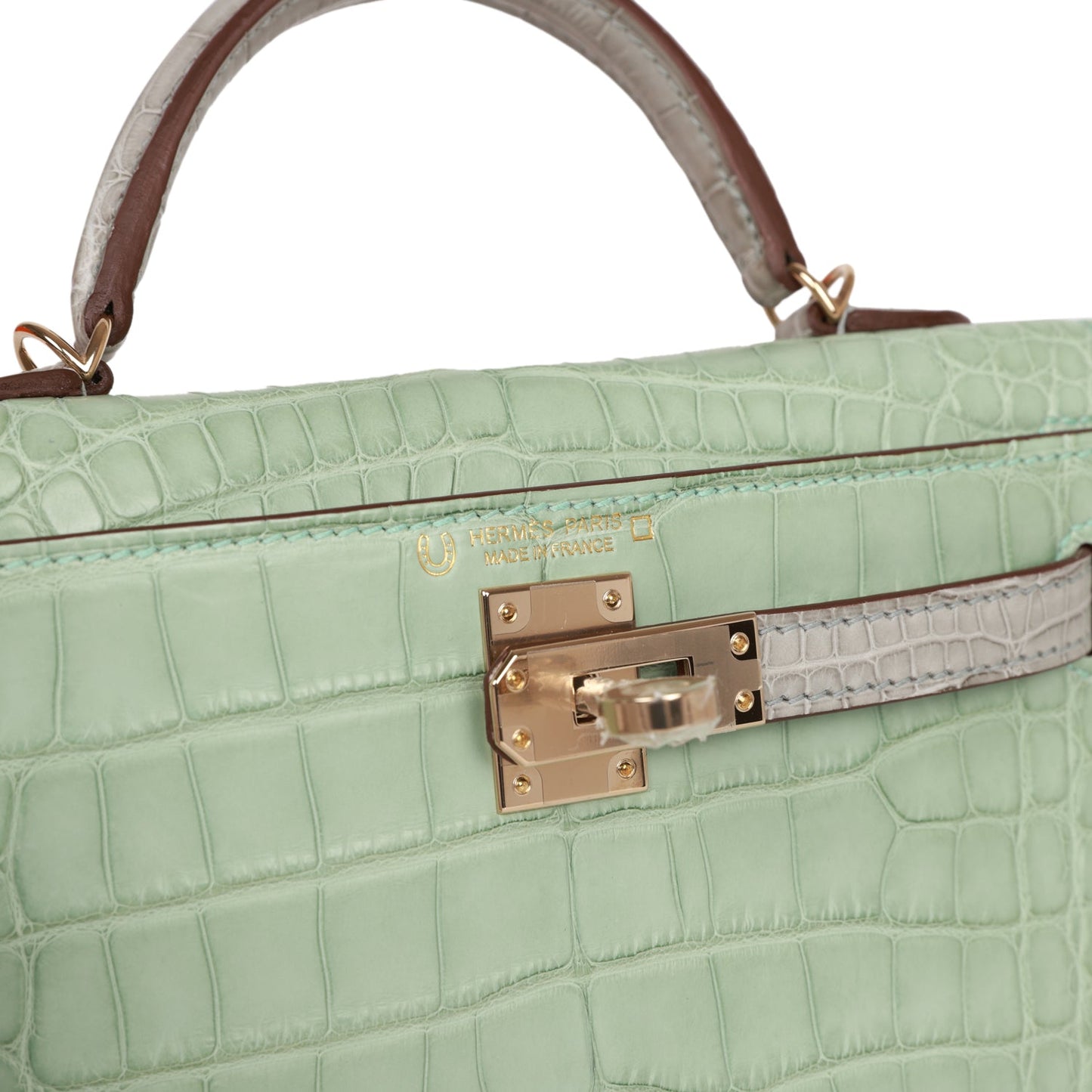 Hermes Special Order (HSS) Kelly Sellier 20 Vert D'eau and Gris Perle Matte Alligator Permabrass Hardware