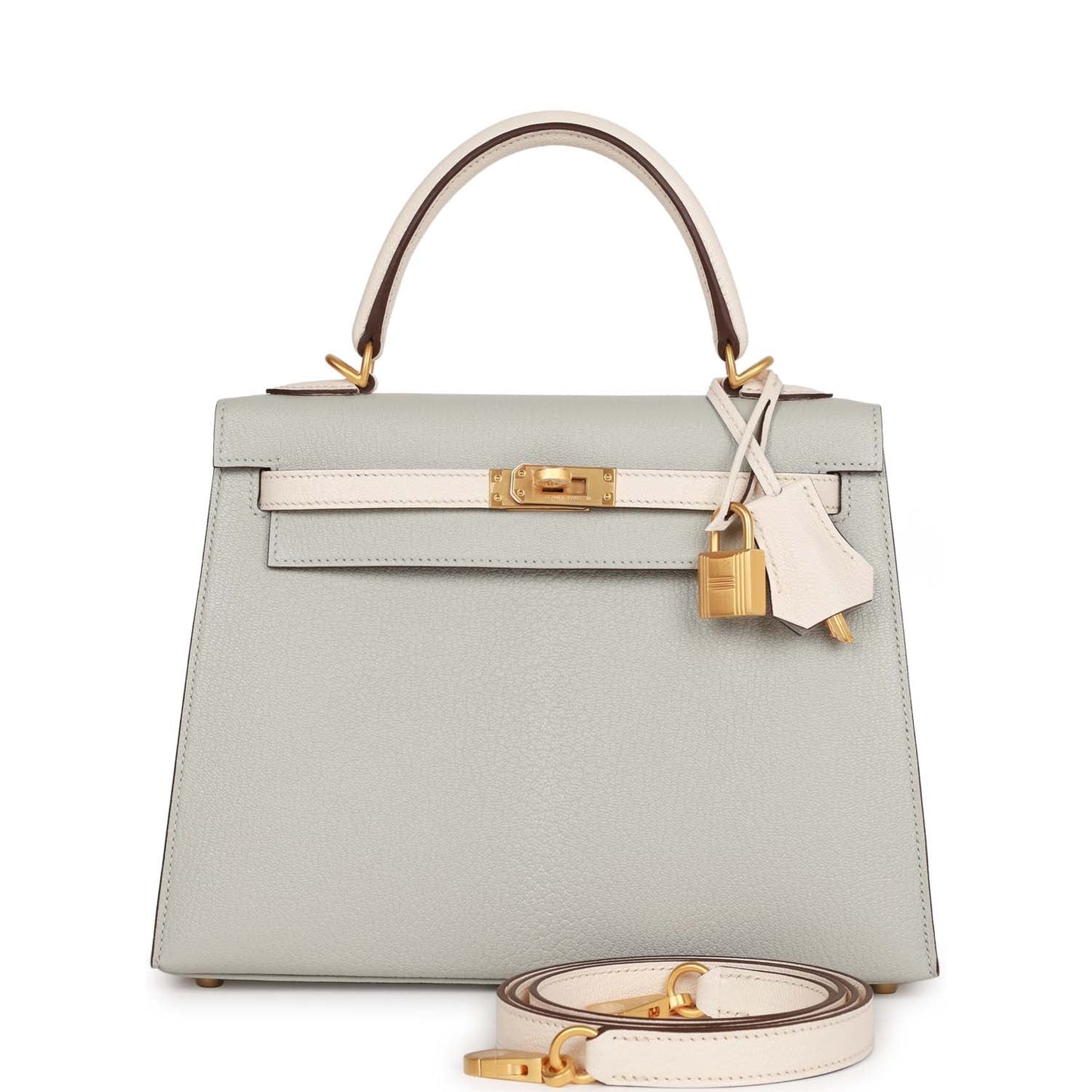 Hermes Special Order (HSS) Kelly Sellier 25 Gris Perle and Nata Chevre Brushed Gold Hardware