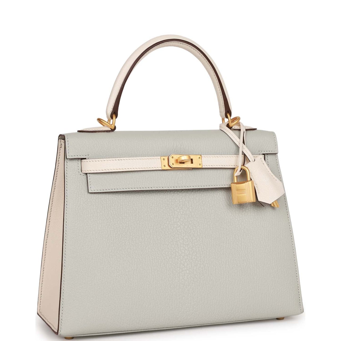 Hermes Special Order (HSS) Kelly Sellier 25 Gris Perle and Nata Chevre Brushed Gold Hardware