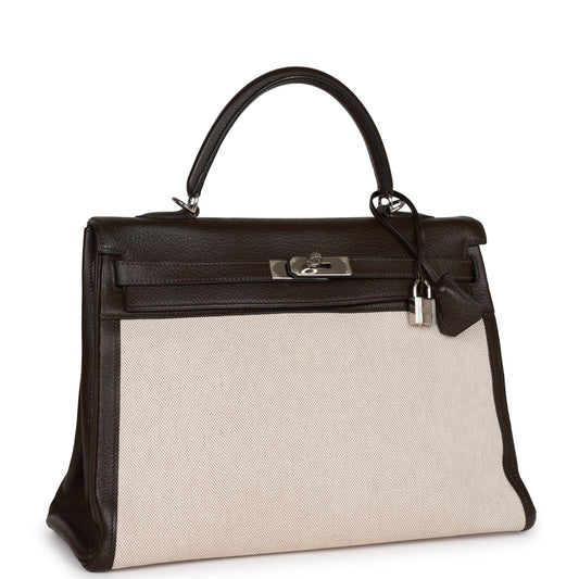 Pre-owned Hermes Kelly Retourne 35 Ebene Clemence and Toile H Palladium Hardware