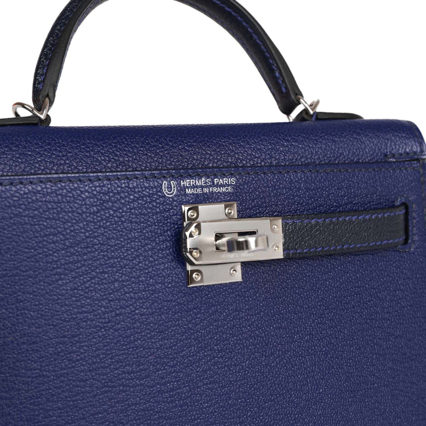 Hermes Special Order (HSS) Kelly Sellier 20 Bleu Encre and Bleu Indigo Chevre Mysore Palladium Hardware