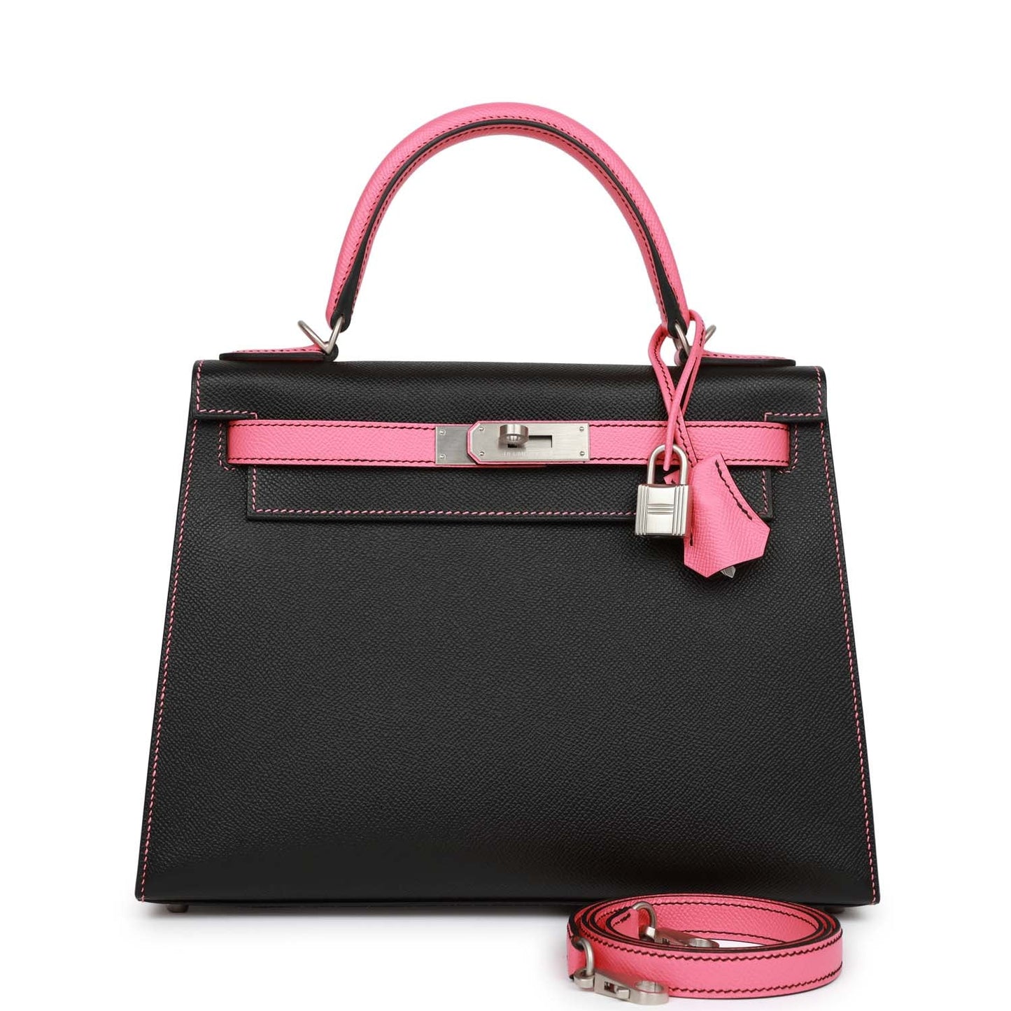 Pre-owned Hermes Special Order (HSS) Kelly Sellier 28 Black and Rose Azalee Epsom Brushed Palladium Hardware