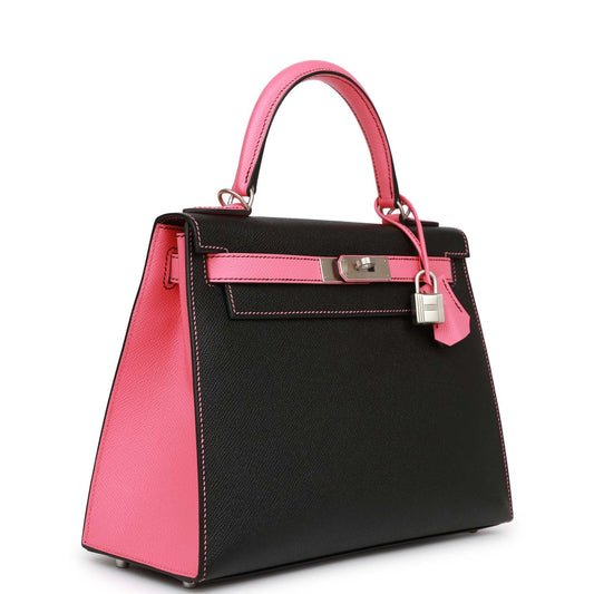 Pre-owned Hermes Special Order (HSS) Kelly Sellier 28 Black and Rose Azalee Epsom Brushed Palladium Hardware