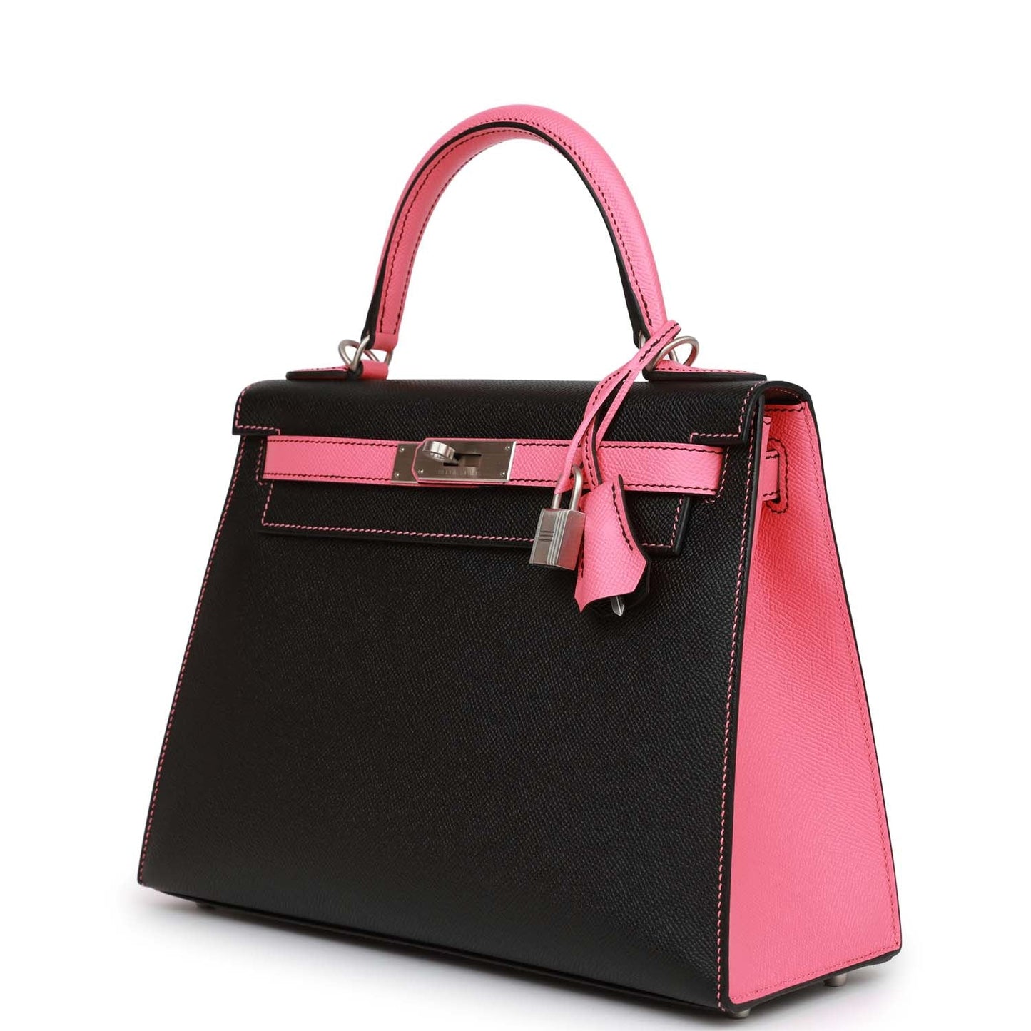 Pre-owned Hermes Special Order (HSS) Kelly Sellier 28 Black and Rose Azalee Epsom Brushed Palladium Hardware