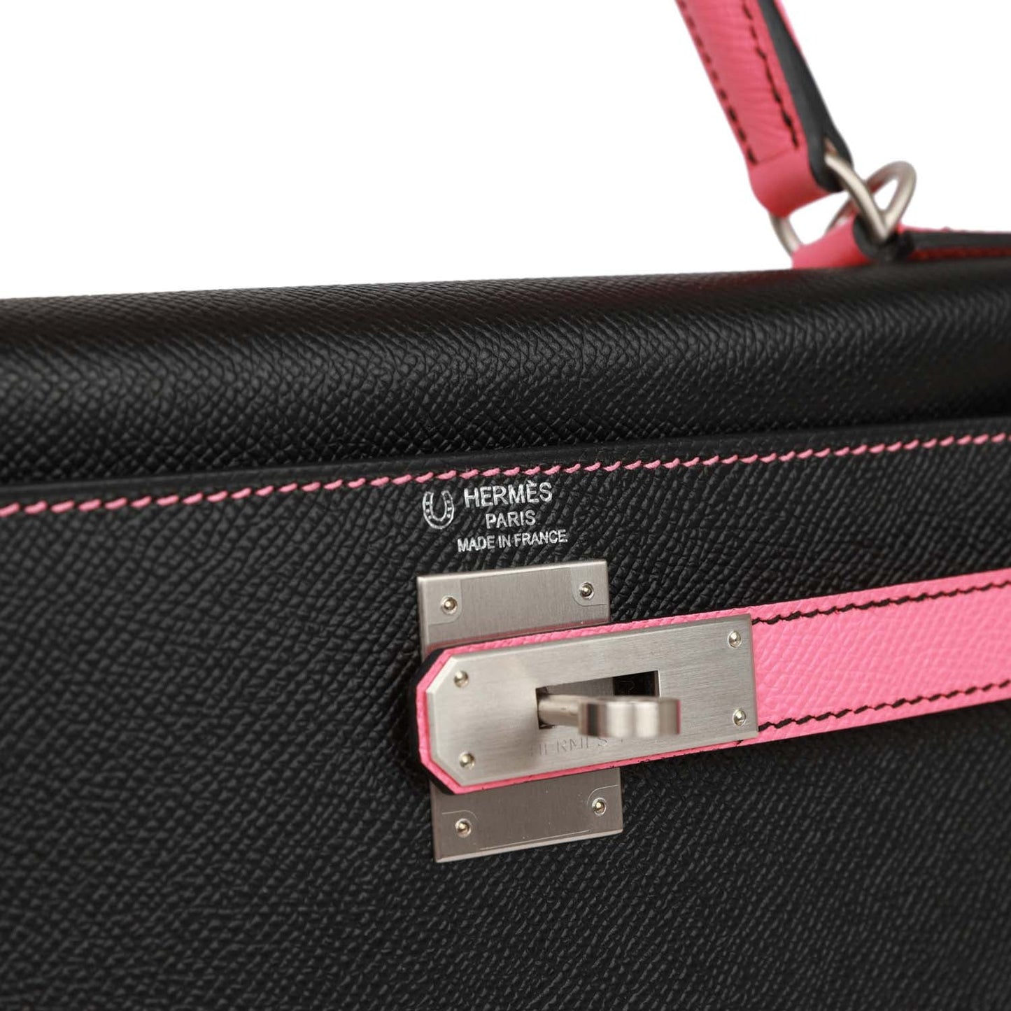 Pre-owned Hermes Special Order (HSS) Kelly Sellier 28 Black and Rose Azalee Epsom Brushed Palladium Hardware