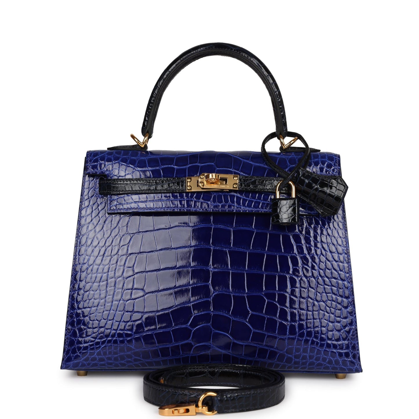 Hermes Special Order (HSS) Kelly Sellier 25 Bleu Electric and Bleu Marine Shiny Alligator Gold Hardware