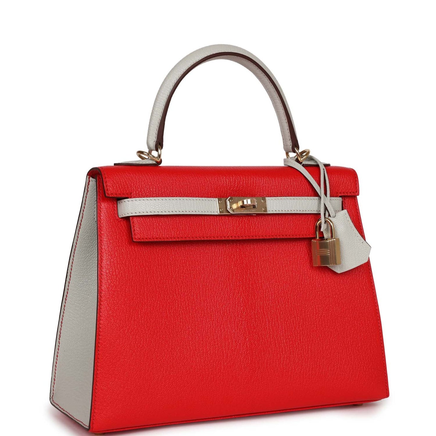 Hermes Special Order (HSS) Kelly Sellier 25 Rouge De Coeur and Gris Perle Chevre Mysore Permabrass Hardware