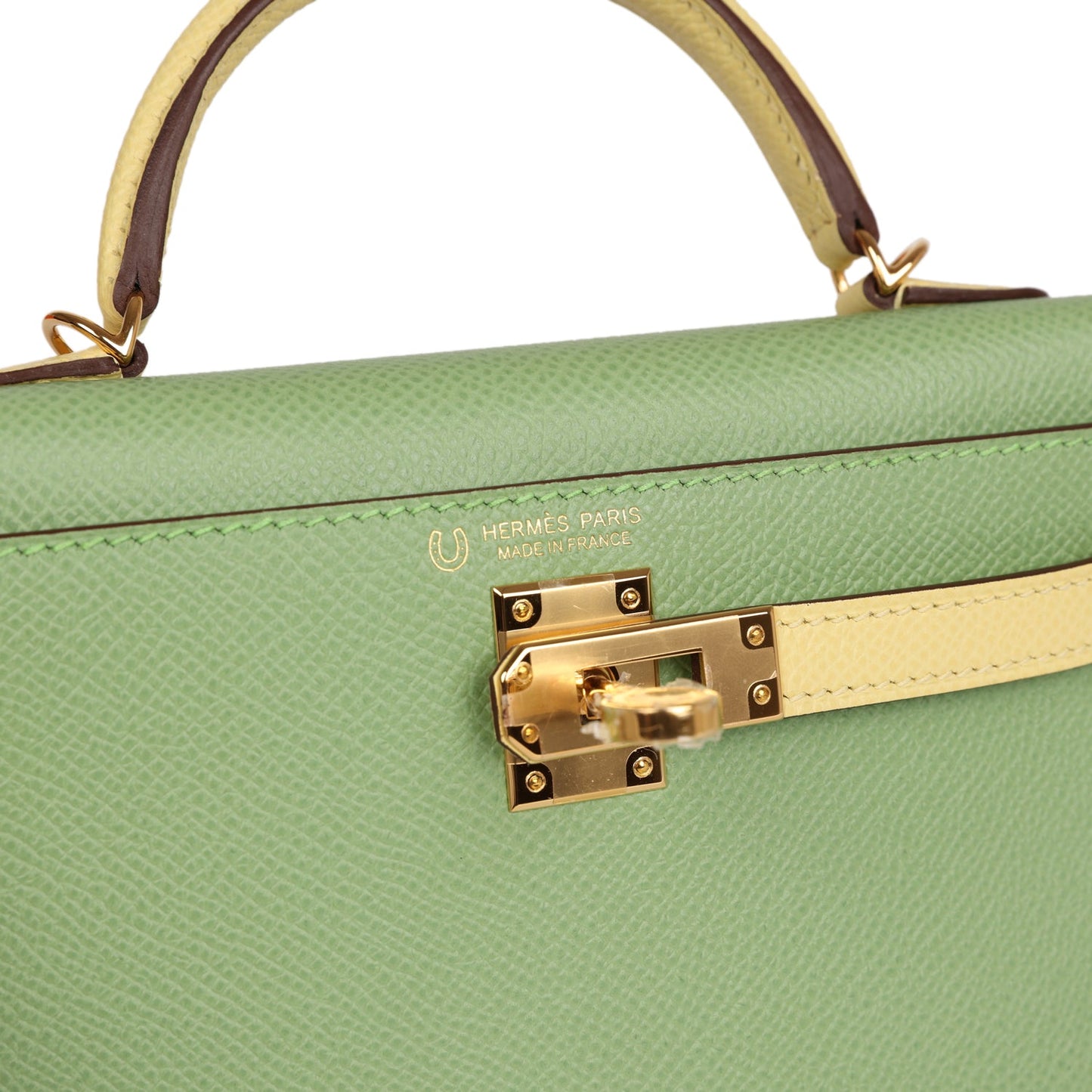 Hermes Special Order (HSS) Kelly 20 Vert Criquet and Limoncello Epsom Gold Hardware