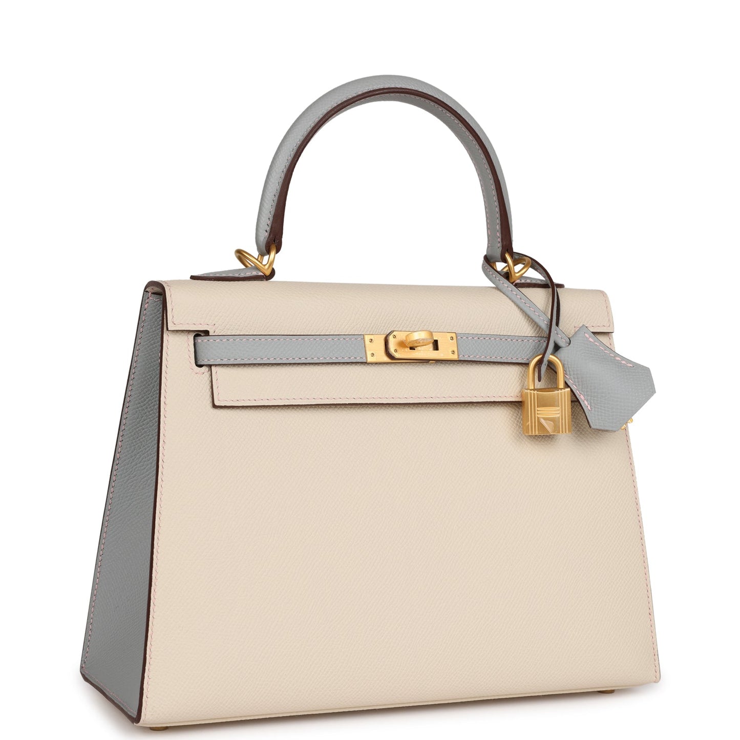 Hermes Special Order (HSS) Kelly Sellier 25 Craie and Bleu Glacier Epsom Brushed Gold Hardware