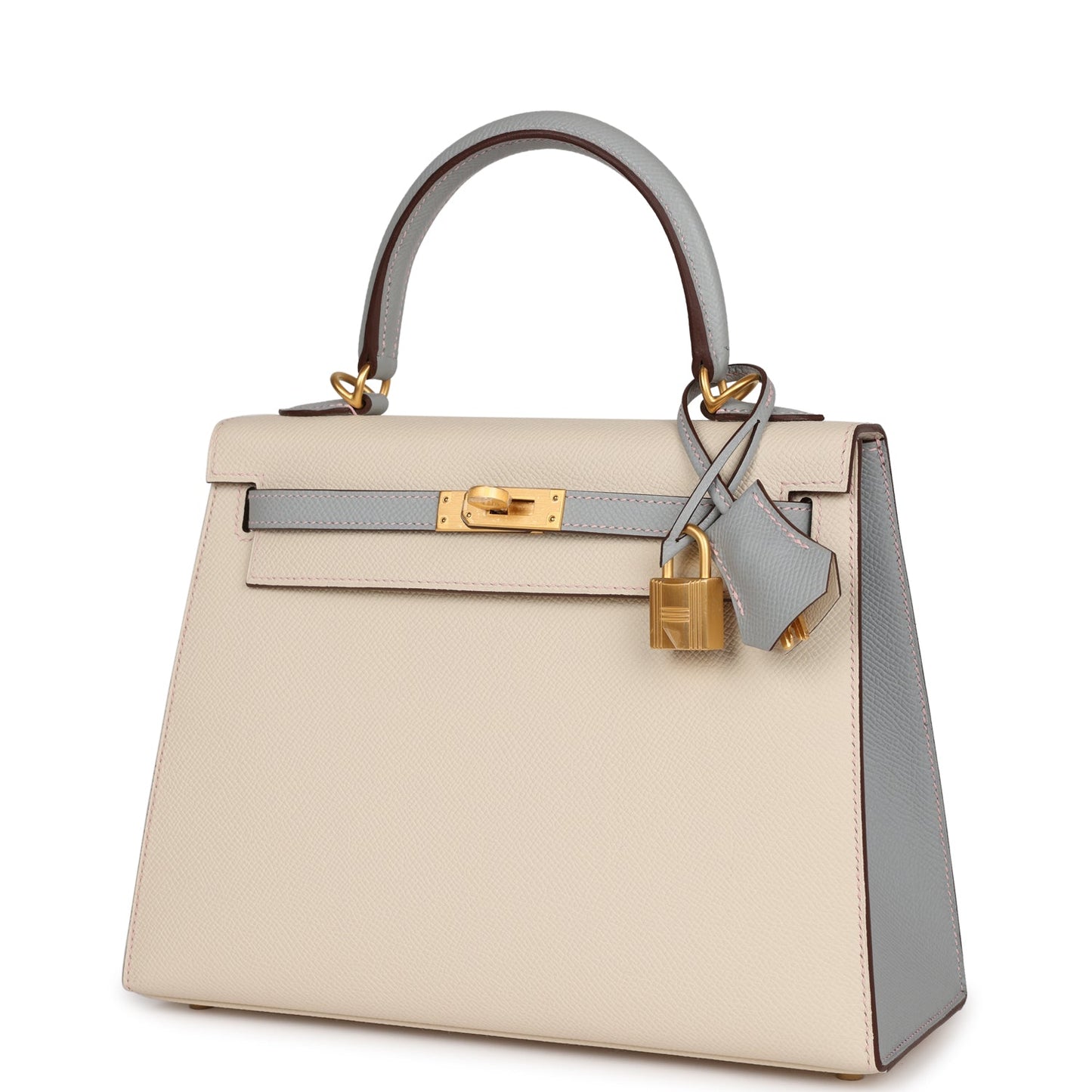 Hermes Special Order (HSS) Kelly Sellier 25 Craie and Bleu Glacier Epsom Brushed Gold Hardware