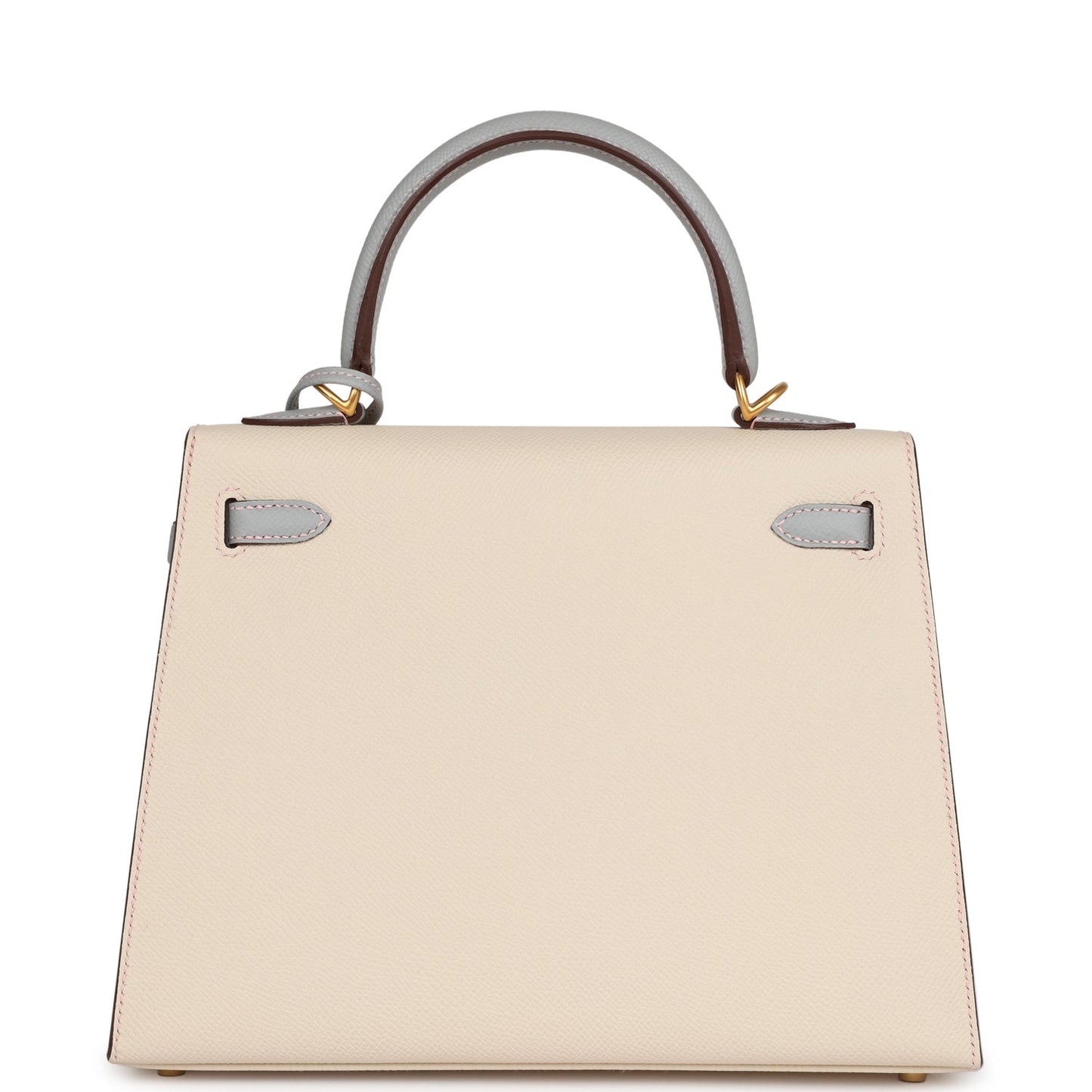 Hermes Special Order (HSS) Kelly Sellier 25 Craie and Bleu Glacier Epsom Brushed Gold Hardware