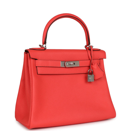 Pre-owned Hermes Kelly Retourne 28 Rose Texas Clemence Palladium Hardware