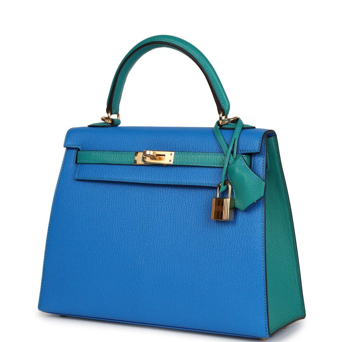 Hermes Special Order (HSS) Kelly Sellier 25 Bleu Hydra and Bleu Paon Chevre Mysore Gold Hardware